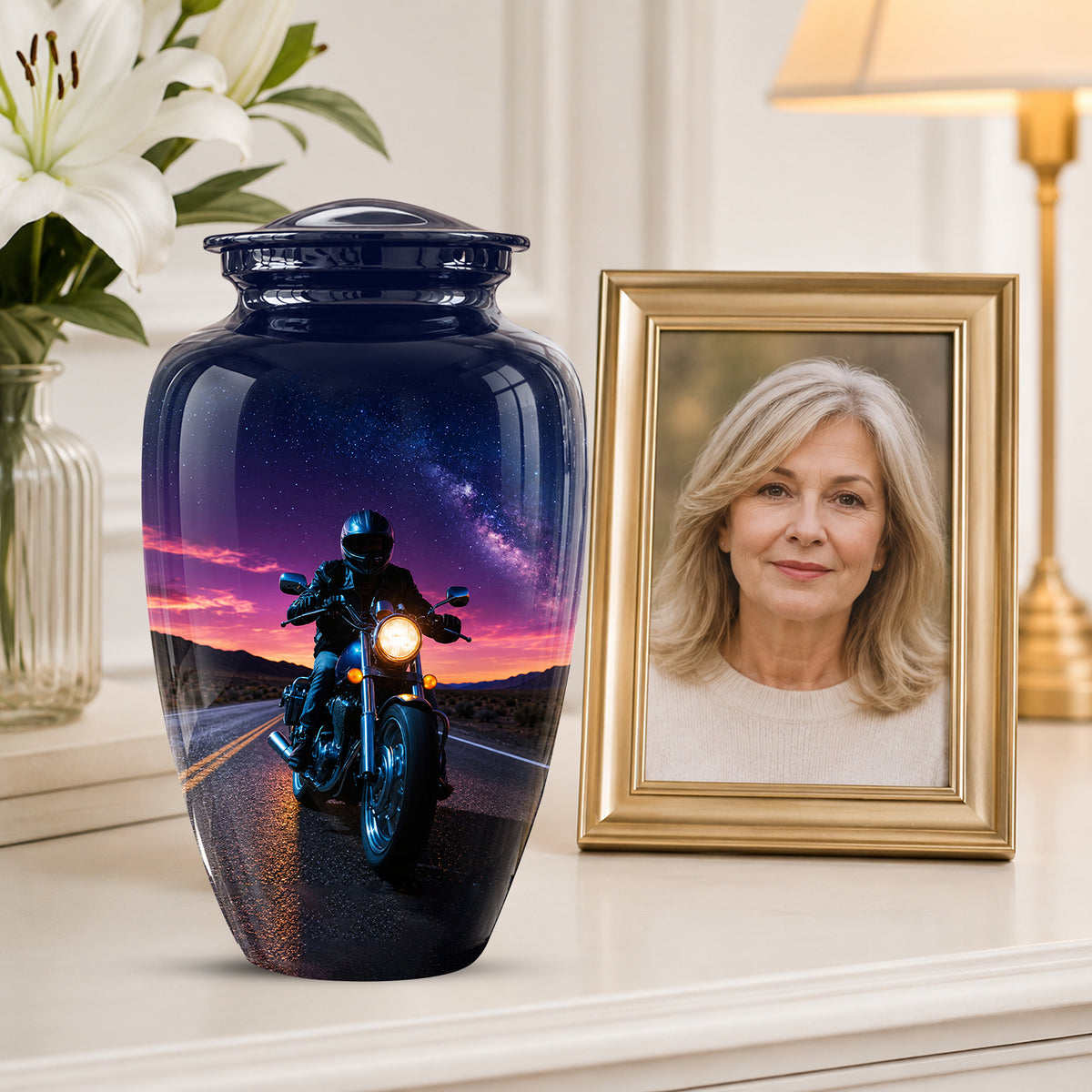 Motorcycle Cremation Urn - Rider Memorial Tribute, Metal Keepsake Urn