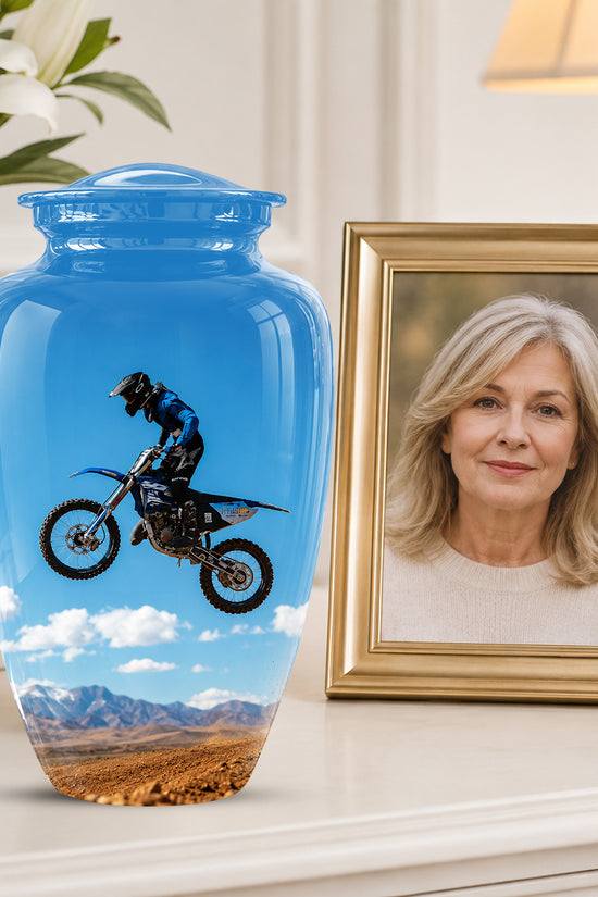 Blue Dirt Bike Memorial Cremation Urn for Human Ashes – Personalized Motocross Tribute Urn