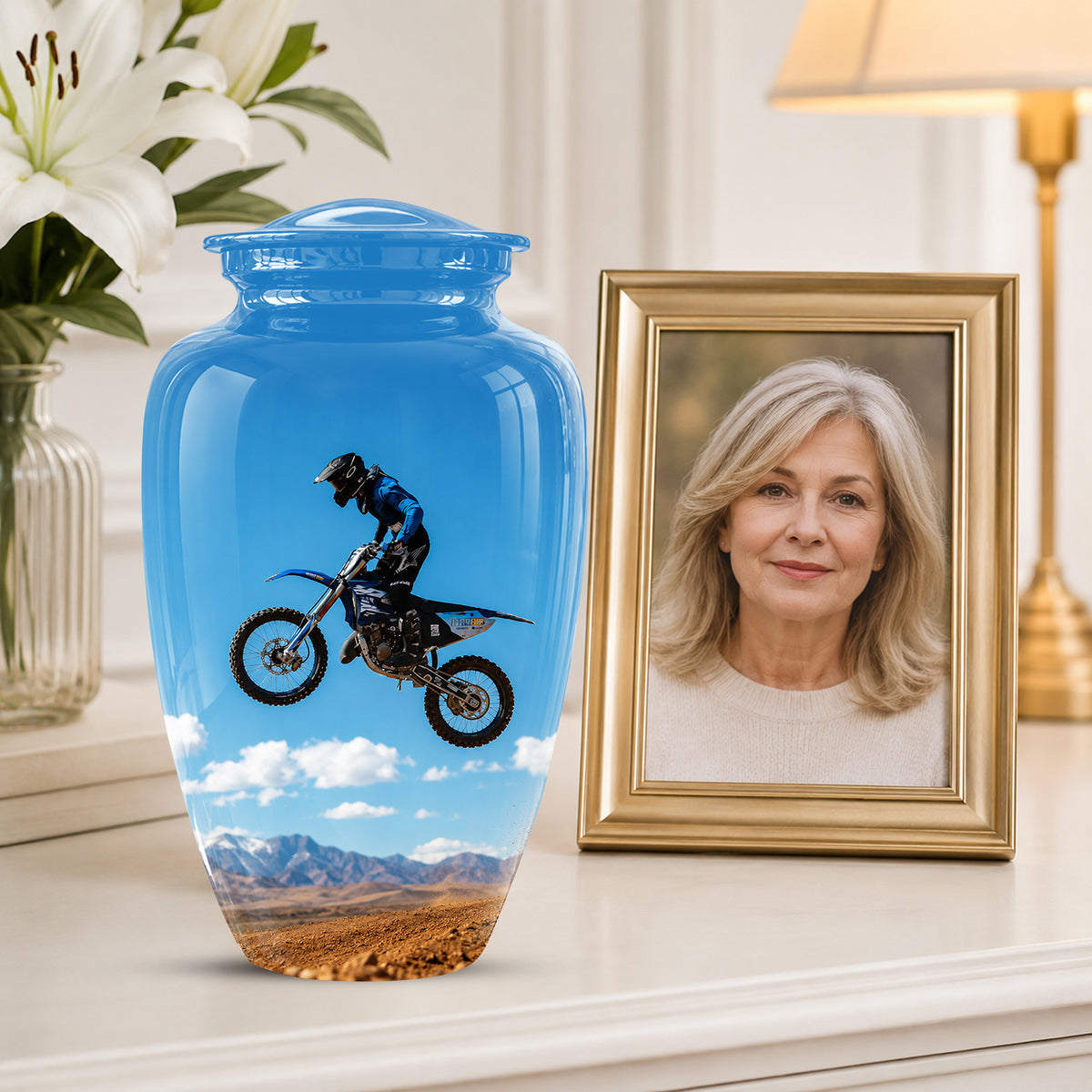 Blue Dirt Bike Memorial Cremation Urn for Human Ashes – Personalized Motocross Tribute Urn