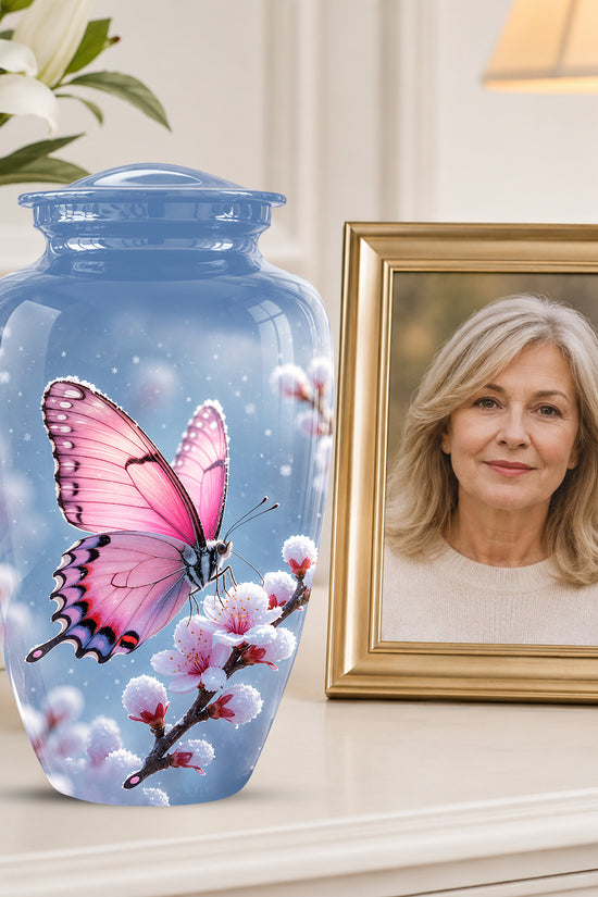 Pink Butterfly Cremation Urn - Cherry Blossom Memorial Keepsake