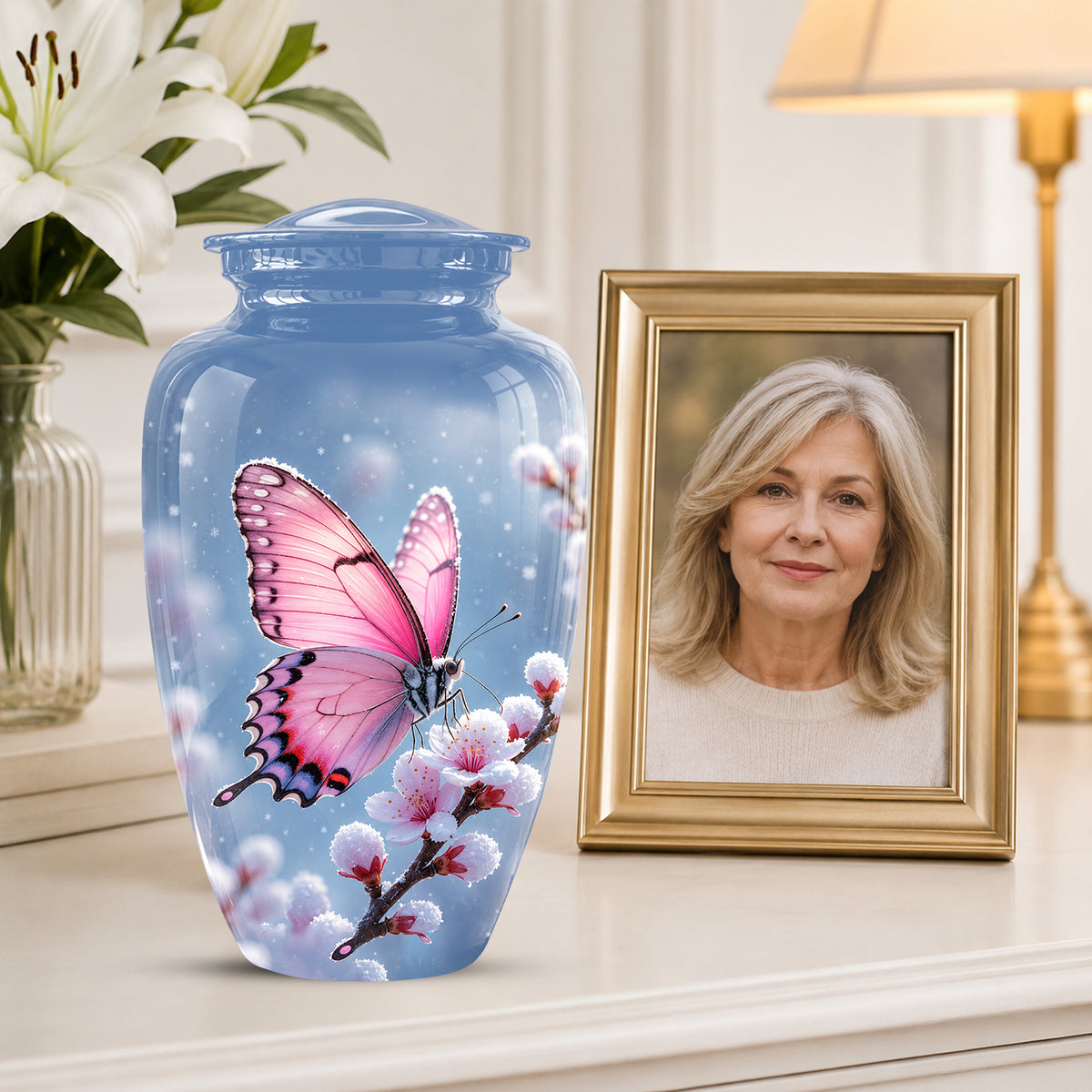 Pink Butterfly Cremation Urn - Cherry Blossom Memorial Keepsake