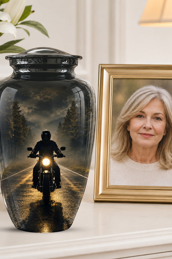 Motorcycle Cremation Urn - Rider on Forest Road Memorial Tribute
