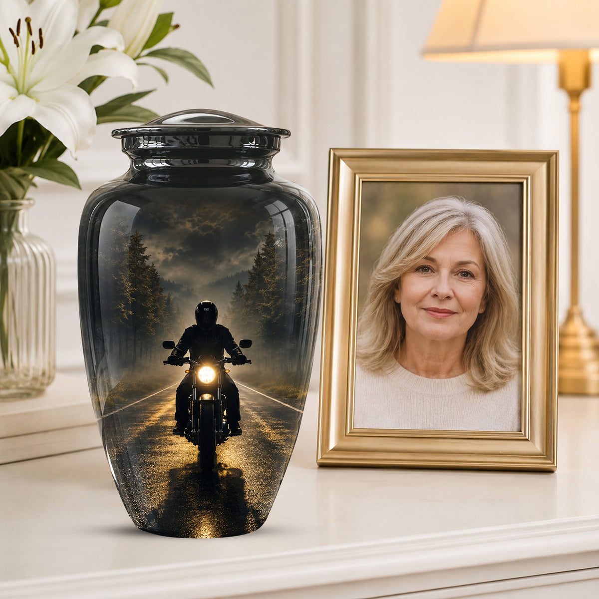 Motorcycle Cremation Urn - Rider on Forest Road Memorial Tribute