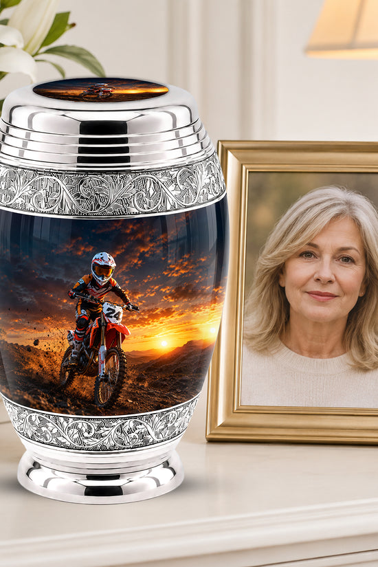 Motocross Sunset Cremation Urn for Human Ashes – Personalized Dirt Bike Memorial Urn