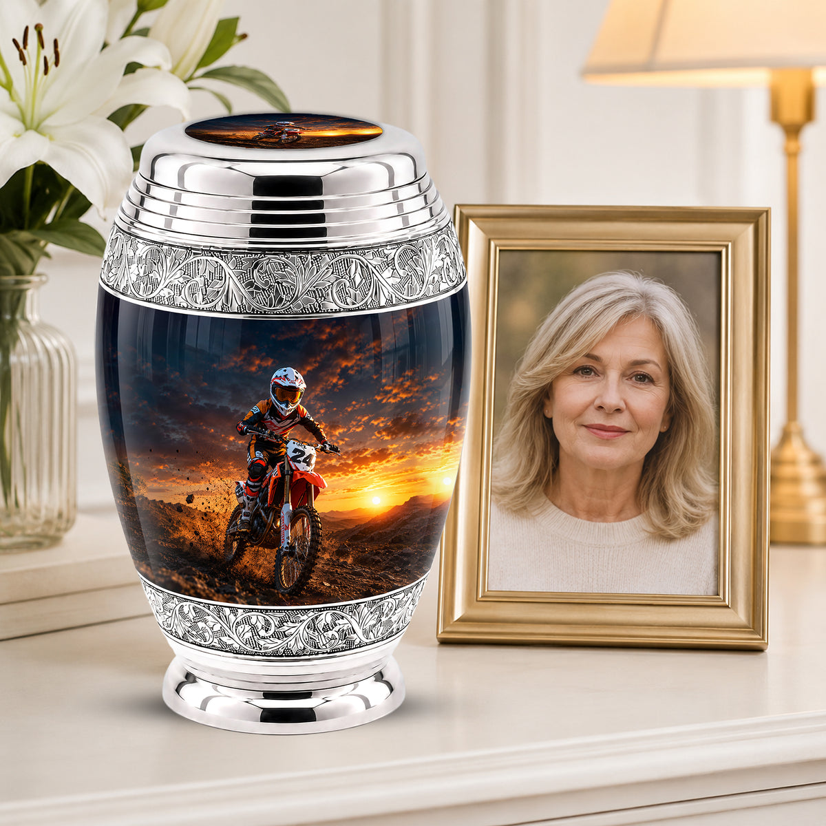 Motocross Sunset Cremation Urn for Human Ashes – Personalized Dirt Bike Memorial Urn