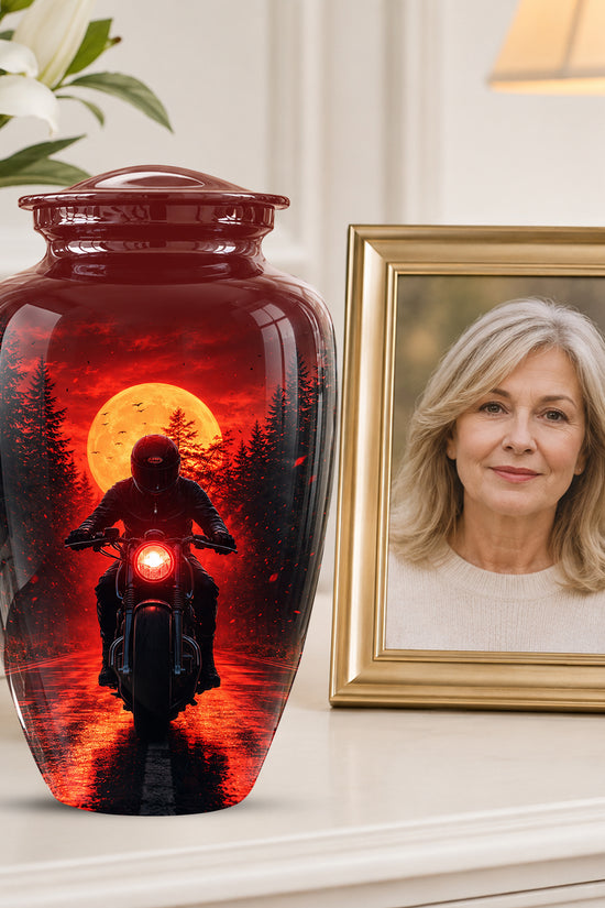 Red Moon Motorcycle Memorial Cremation Urn for Human Ashes – Personalized Biker Tribute Urn