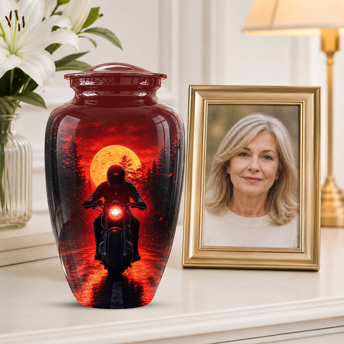 Red Moon Motorcycle Memorial Cremation Urn for Human Ashes – Personalized Biker Tribute Urn
