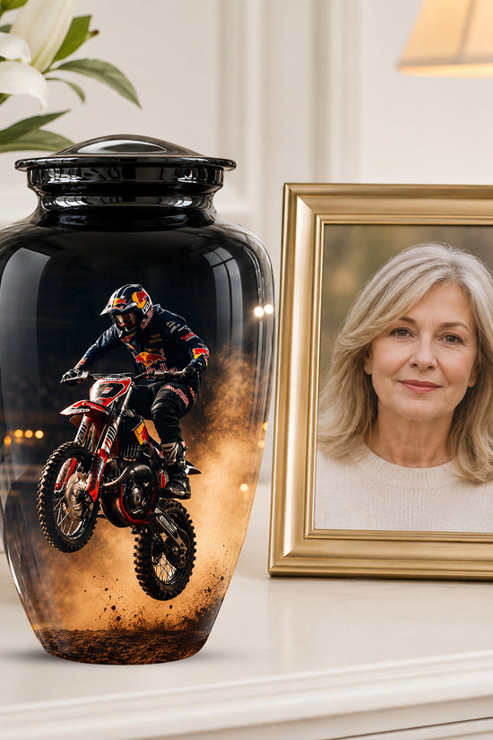 Motocross Rider Memorial Cremation Urn for Human Ashes – Personalized Dirt Bike Tribute Urn