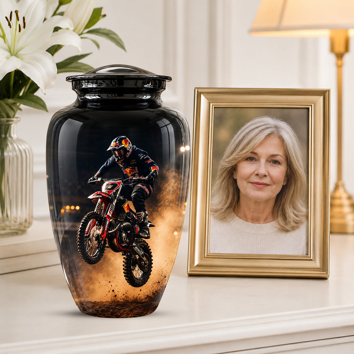 Motocross Rider Memorial Cremation Urn for Human Ashes – Personalized Dirt Bike Tribute Urn