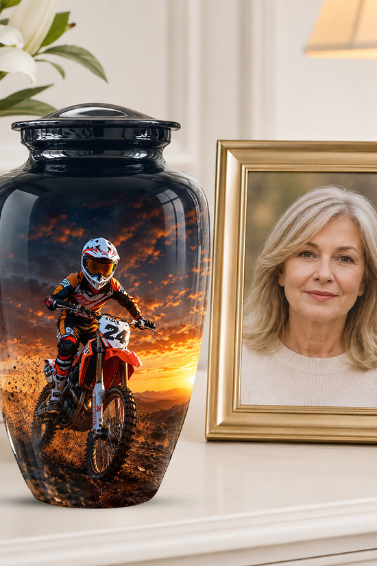 Motocross Sunset Cremation Urn for Human Ashes – Personalized Dirt Bike Memorial Urn