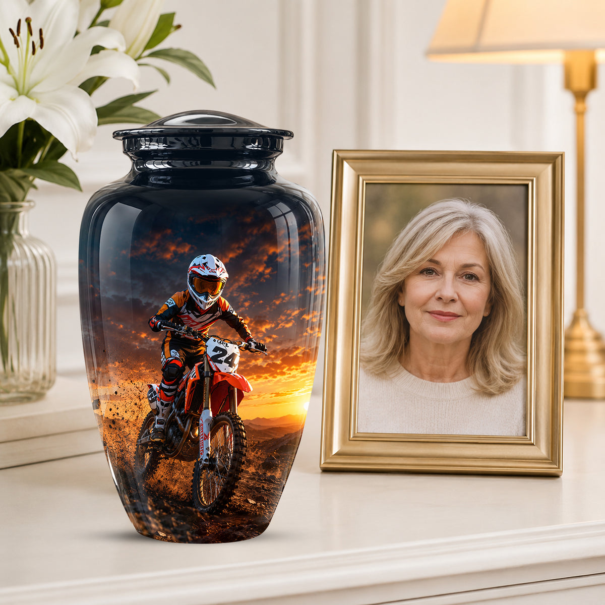 Motocross Sunset Cremation Urn for Human Ashes – Personalized Dirt Bike Memorial Urn