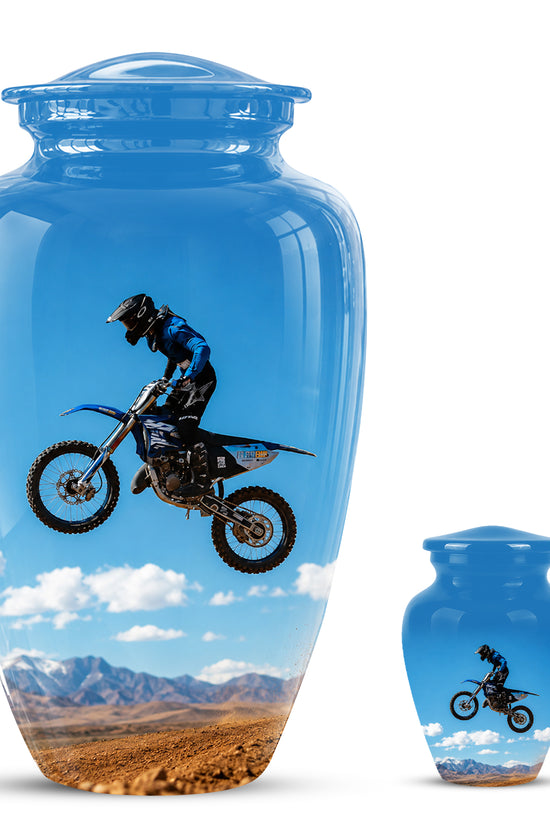 Blue Dirt Bike Memorial Cremation Urn for Human Ashes – Personalized Motocross Tribute Urn