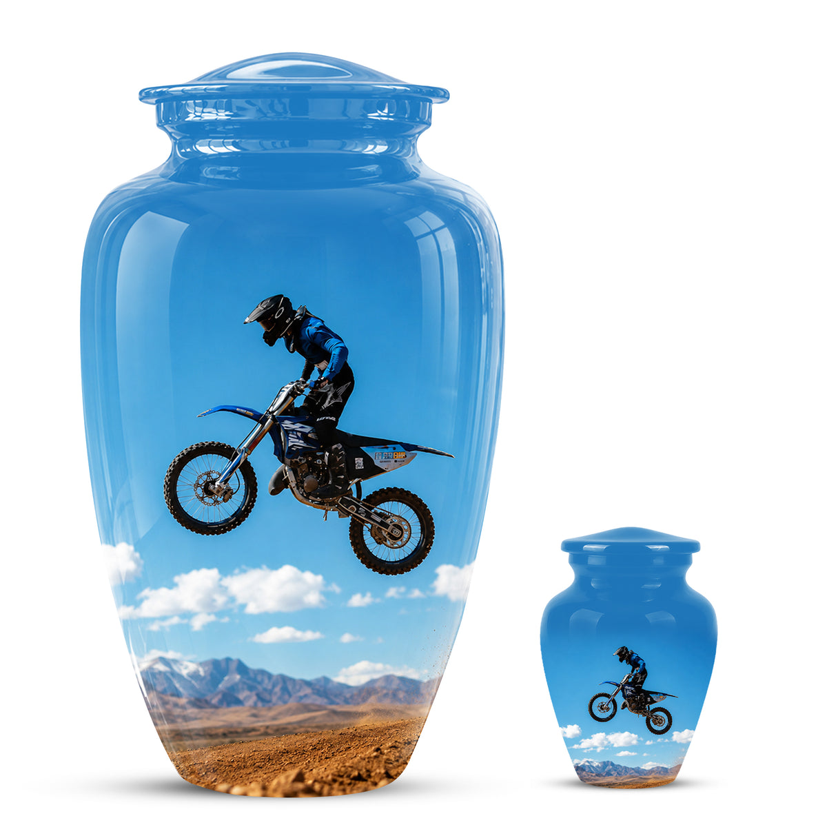 Blue Dirt Bike Memorial Cremation Urn for Human Ashes – Personalized Motocross Tribute Urn