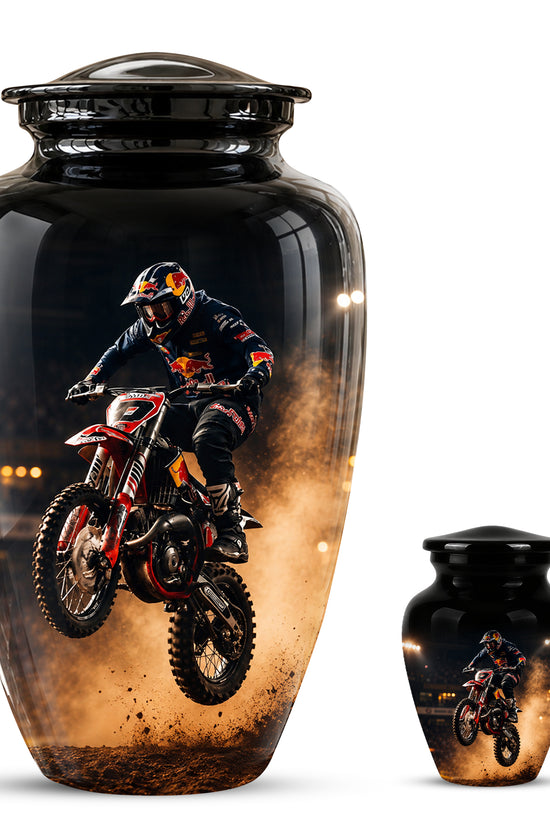 Motocross Rider Memorial Cremation Urn for Human Ashes – Personalized Dirt Bike Tribute Urn