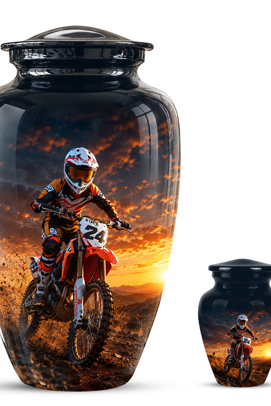 Motocross Sunset Cremation Urn for Human Ashes – Personalized Dirt Bike Memorial Urn