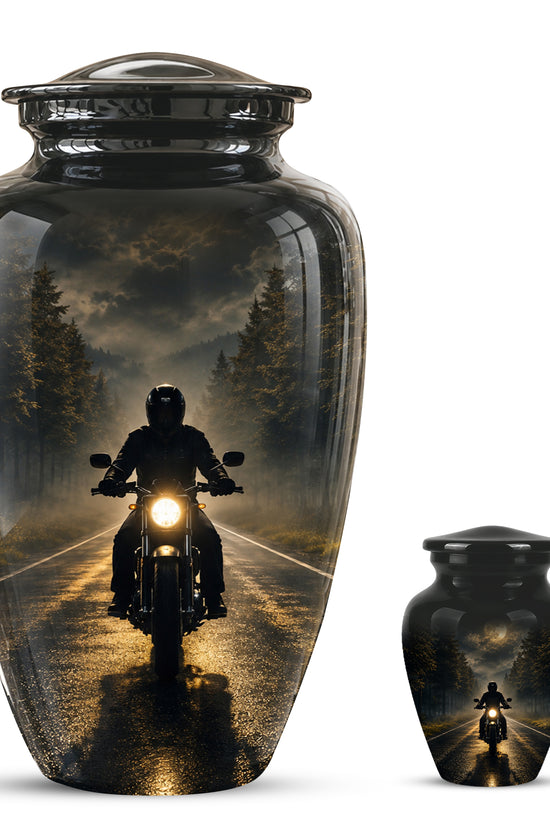 Motorcycle Cremation Urn - Rider on Forest Road Memorial Tribute