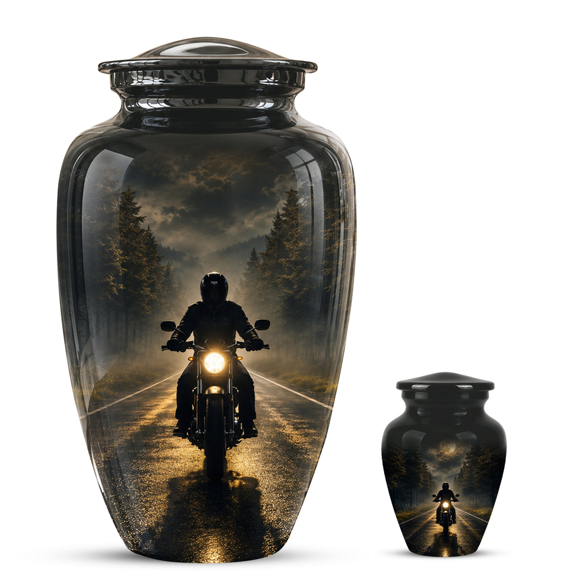 Motorcycle Cremation Urn - Rider on Forest Road Memorial Tribute