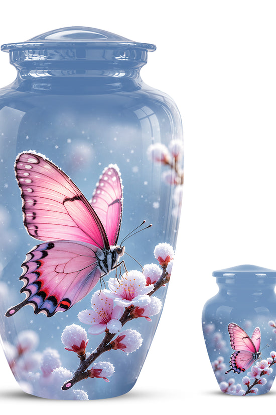Pink Butterfly Cremation Urn - Cherry Blossom Memorial Keepsake