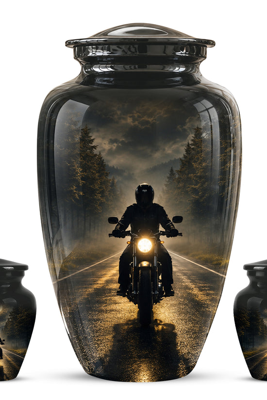 Motorcycle Cremation Urn - Rider on Forest Road Memorial Tribute