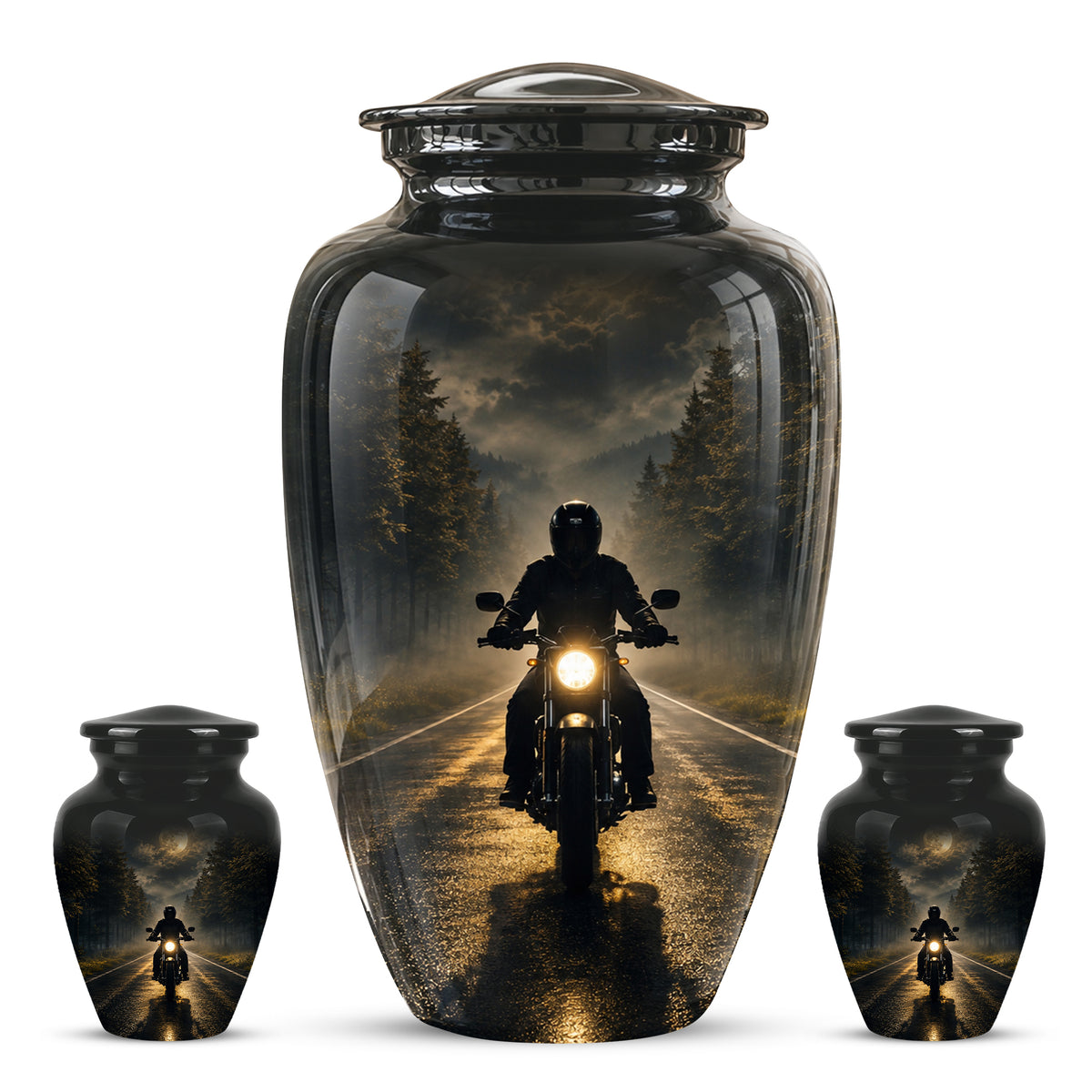 Motorcycle Cremation Urn - Rider on Forest Road Memorial Tribute