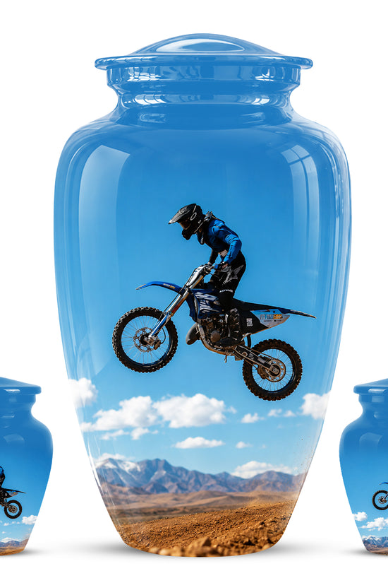Blue Dirt Bike Memorial Cremation Urn for Human Ashes – Personalized Motocross Tribute Urn