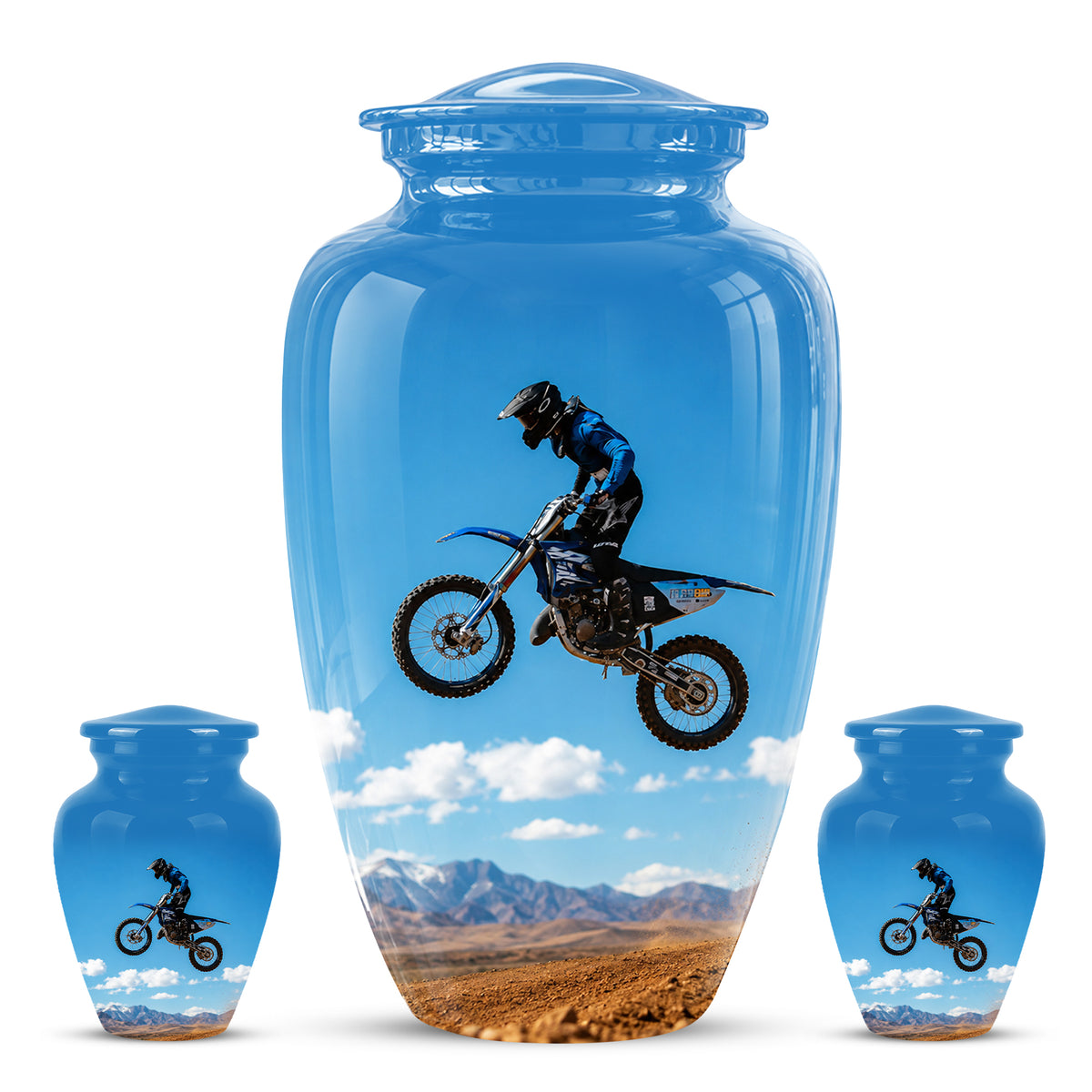 Blue Dirt Bike Memorial Cremation Urn for Human Ashes – Personalized Motocross Tribute Urn