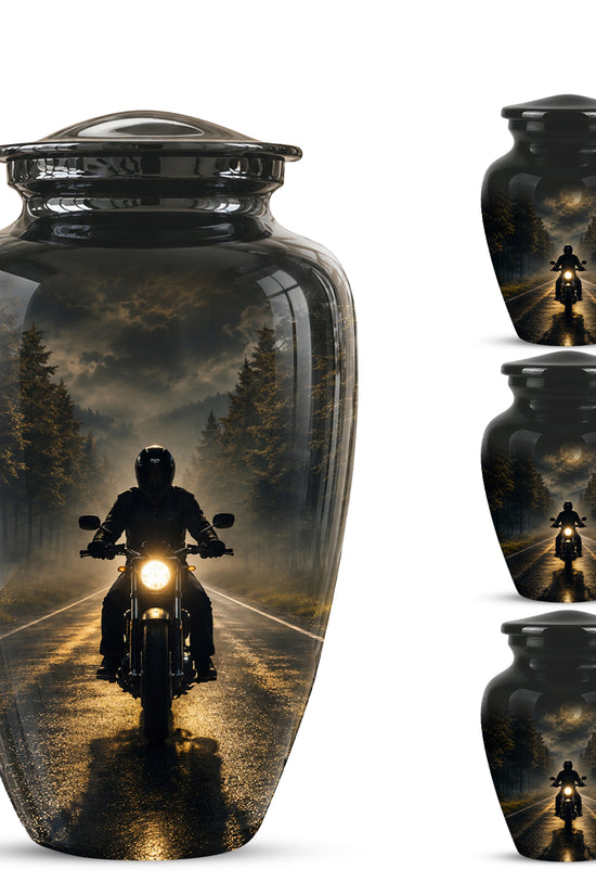 Motorcycle Cremation Urn - Rider on Forest Road Memorial Tribute