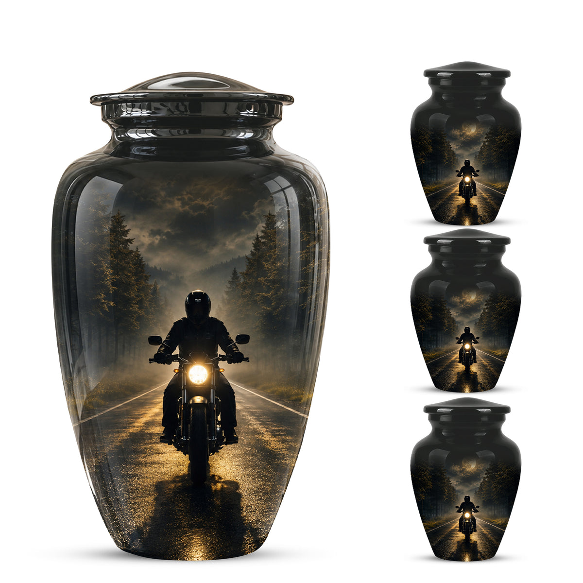 Motorcycle Cremation Urn - Rider on Forest Road Memorial Tribute