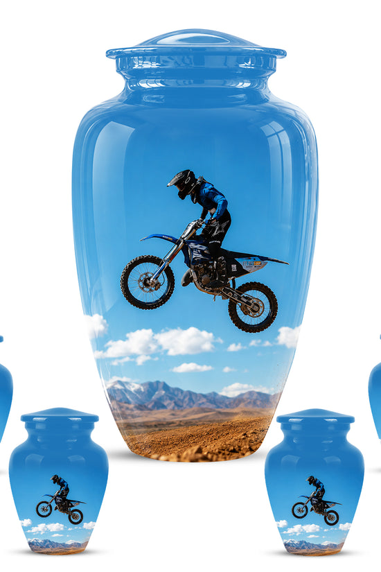 Blue Dirt Bike Memorial Cremation Urn for Human Ashes – Personalized Motocross Tribute Urn