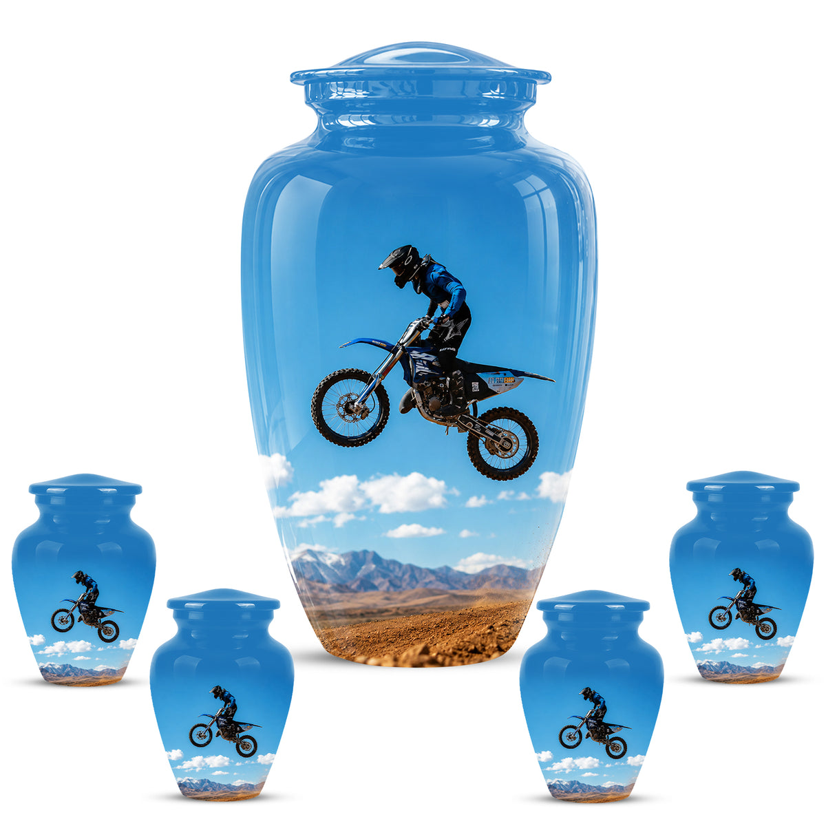 Blue Dirt Bike Memorial Cremation Urn for Human Ashes – Personalized Motocross Tribute Urn
