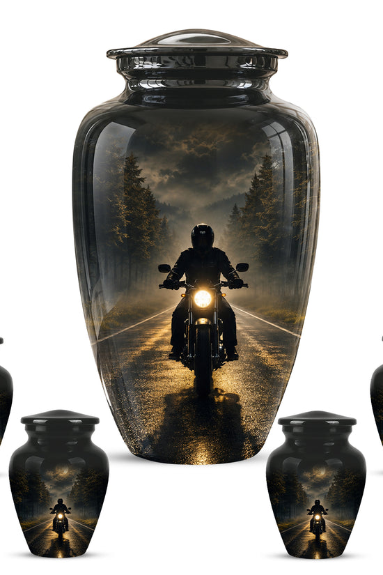 Motorcycle Cremation Urn - Rider on Forest Road Memorial Tribute