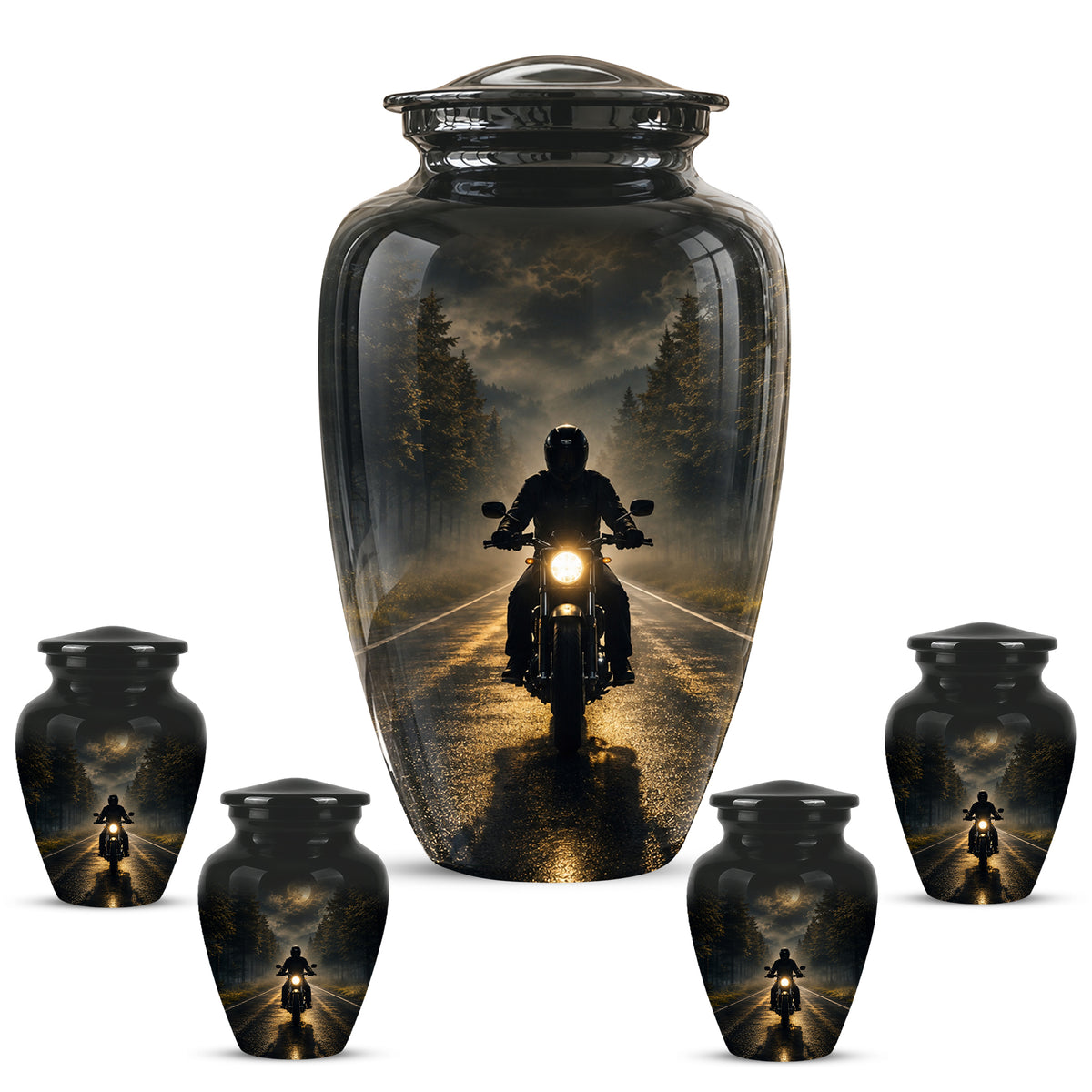 Motorcycle Cremation Urn - Rider on Forest Road Memorial Tribute