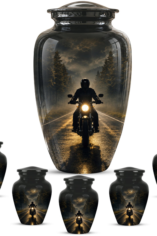 Motorcycle Cremation Urn - Rider on Forest Road Memorial Tribute