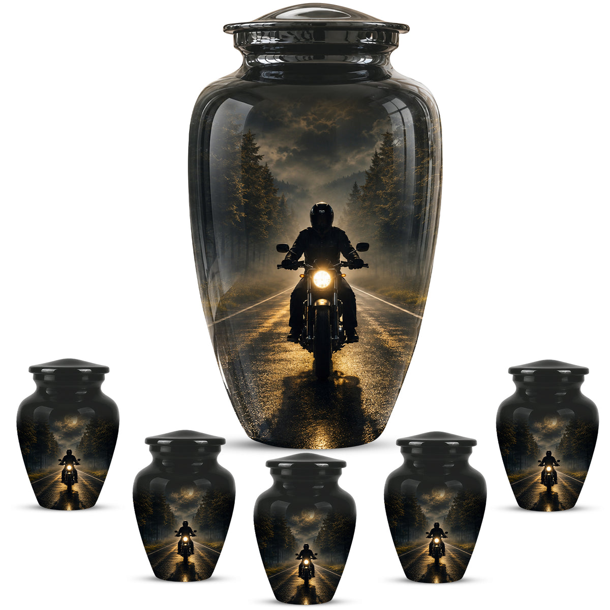 Motorcycle Cremation Urn - Rider on Forest Road Memorial Tribute