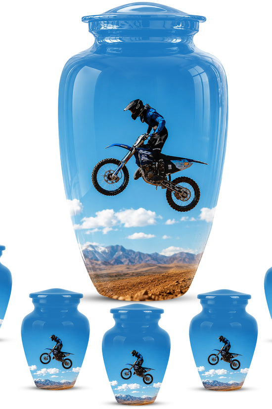 Blue Dirt Bike Memorial Cremation Urn for Human Ashes – Personalized Motocross Tribute Urn