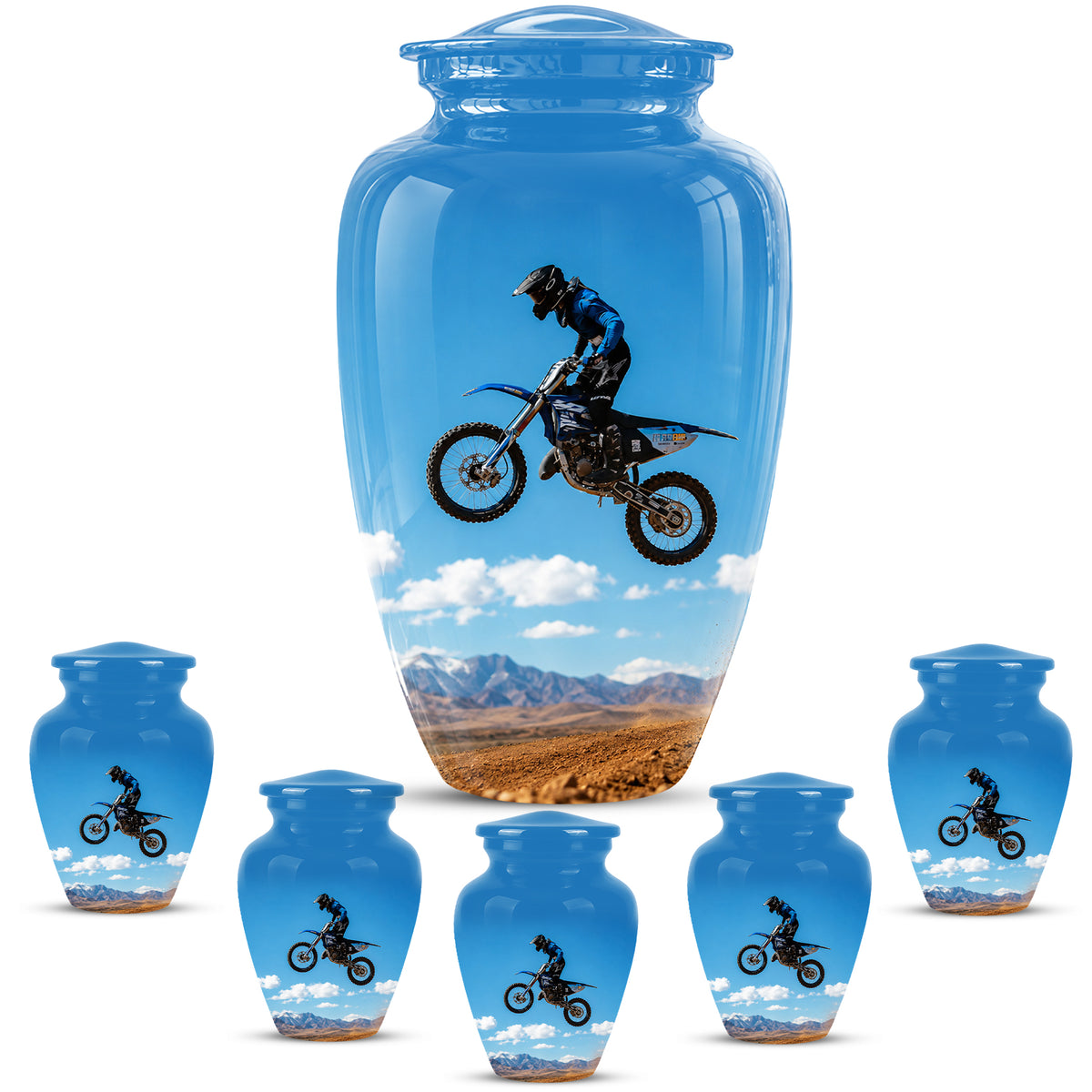 Blue Dirt Bike Memorial Cremation Urn for Human Ashes – Personalized Motocross Tribute Urn