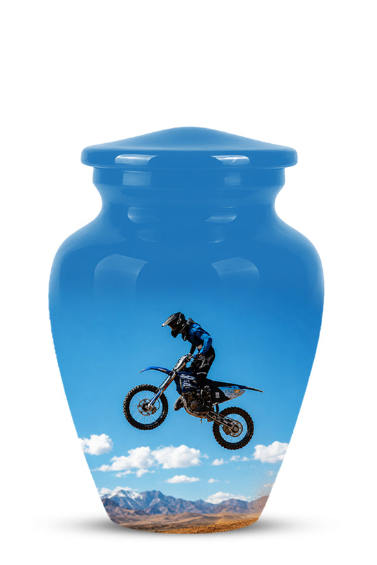 Blue Dirt Bike Memorial Cremation Urn for Human Ashes – Personalized Motocross Tribute Urn