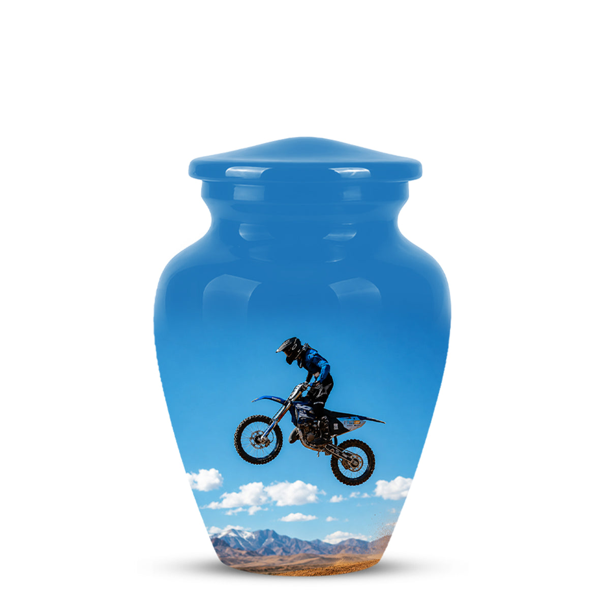 Blue Dirt Bike Memorial Cremation Urn for Human Ashes – Personalized Motocross Tribute Urn