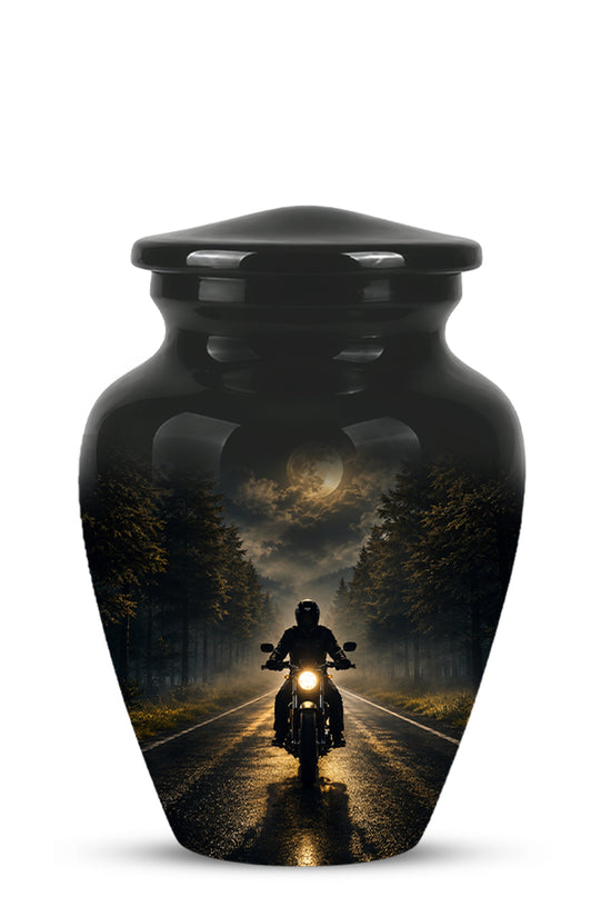 Motorcycle Cremation Urn - Rider on Forest Road Memorial Tribute