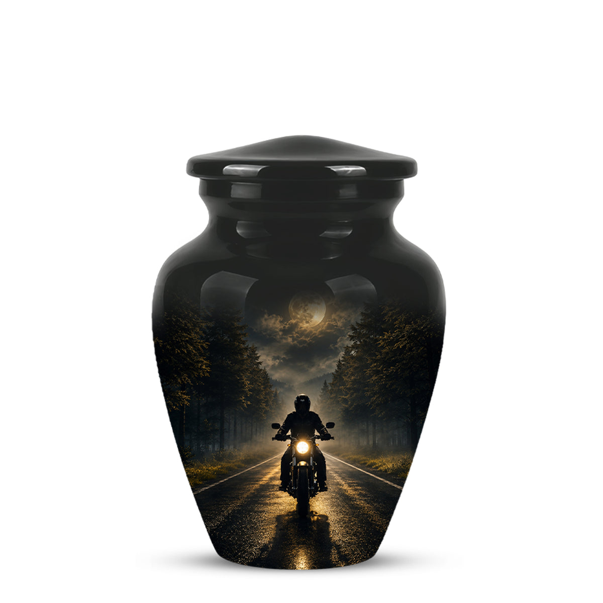 Motorcycle Cremation Urn - Rider on Forest Road Memorial Tribute