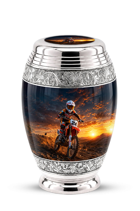 Motocross Sunset Cremation Urn for Human Ashes – Personalized Dirt Bike Memorial Urn