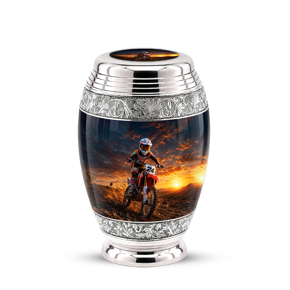 Motocross Sunset Cremation Urn for Human Ashes – Personalized Dirt Bike Memorial Urn