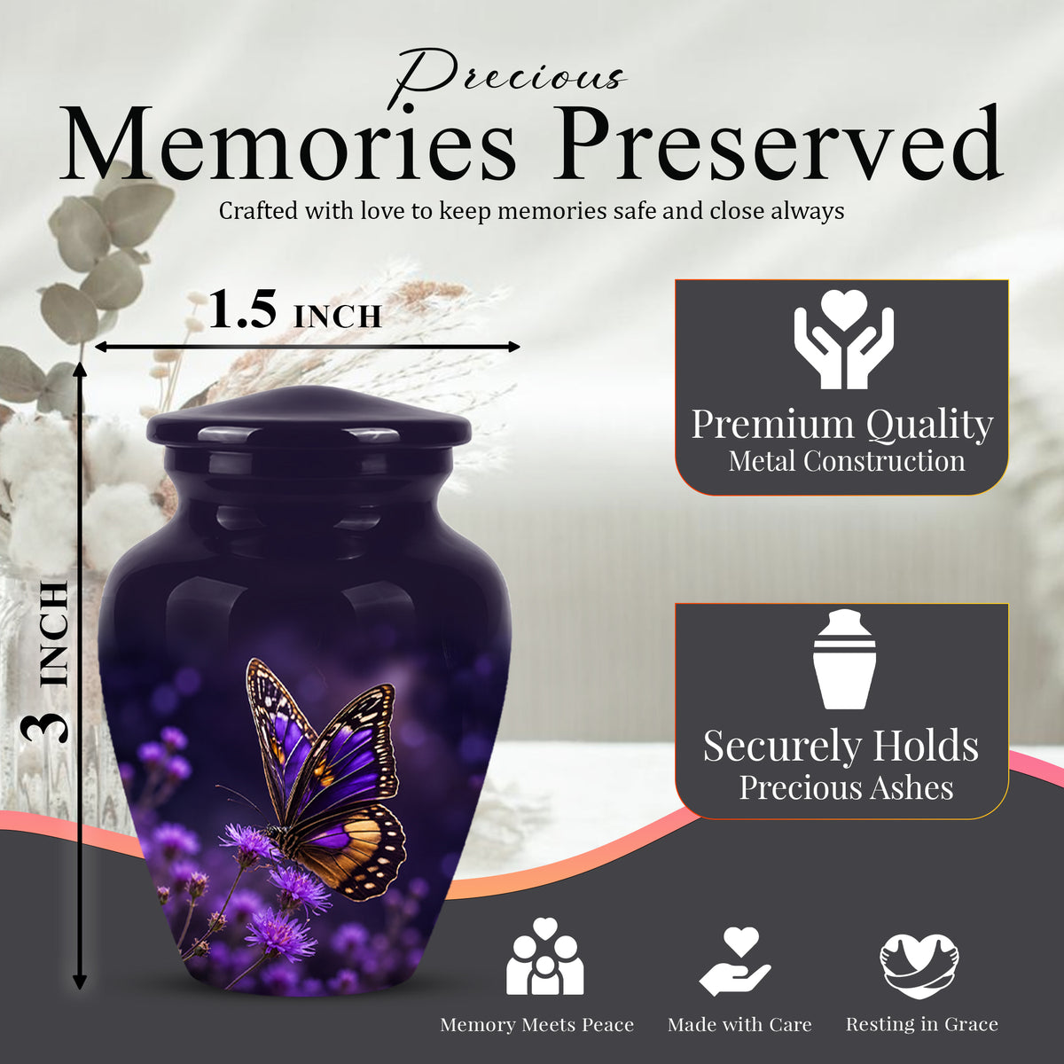 Purple Butterfly Cremation Urn  - Memorial Keepsake for Ashes