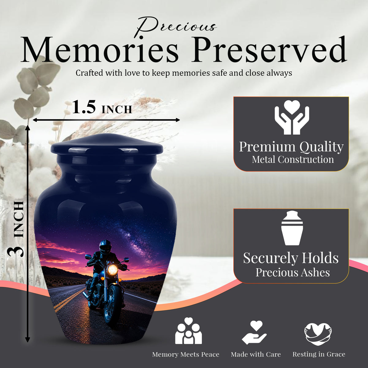 Motorcycle Cremation Urn - Rider Memorial Tribute, Metal Keepsake Urn