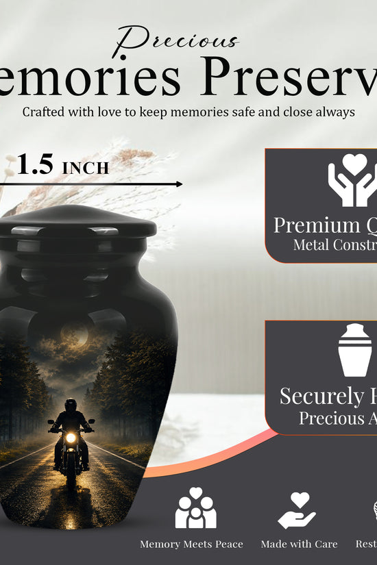 Motorcycle Cremation Urn - Rider on Forest Road Memorial Tribute