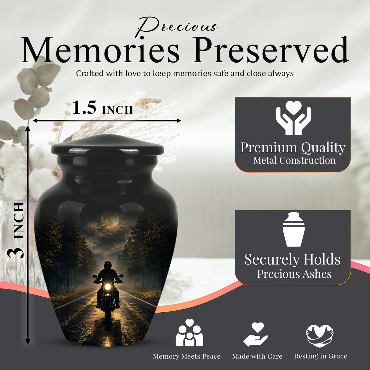 Motorcycle Cremation Urn - Rider on Forest Road Memorial Tribute