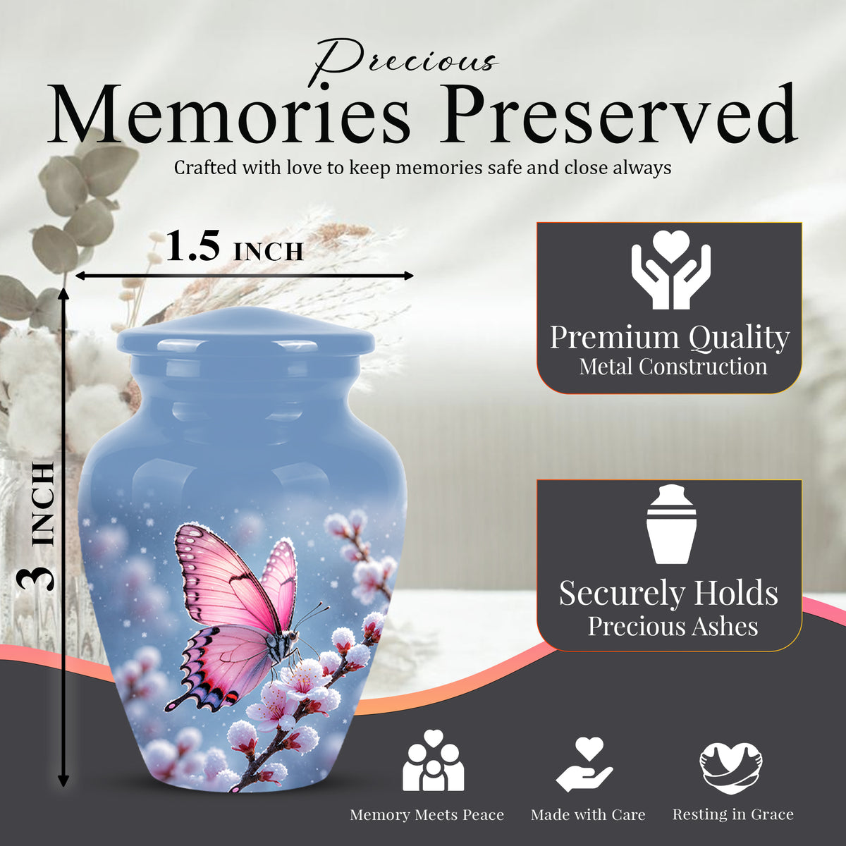 Pink Butterfly Cremation Urn - Cherry Blossom Memorial Keepsake