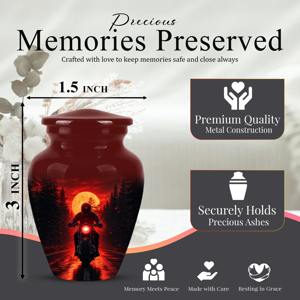 Red Moon Motorcycle Memorial Cremation Urn for Human Ashes – Personalized Biker Tribute Urn