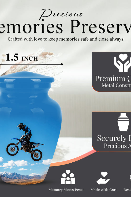 Blue Dirt Bike Memorial Cremation Urn for Human Ashes – Personalized Motocross Tribute Urn