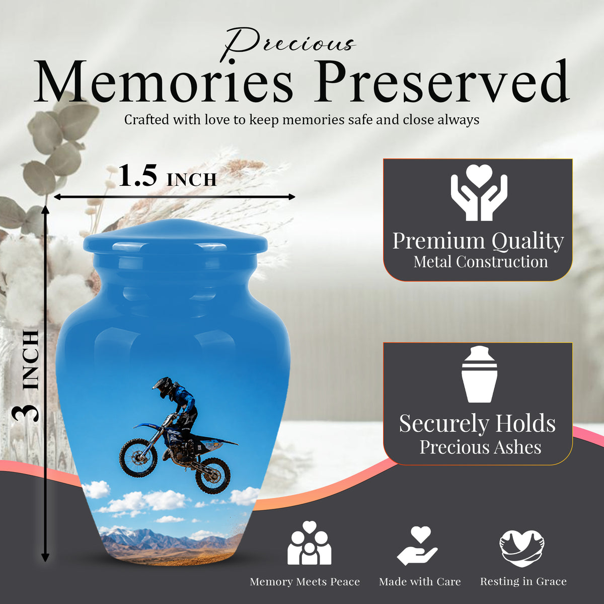 Blue Dirt Bike Memorial Cremation Urn for Human Ashes – Personalized Motocross Tribute Urn